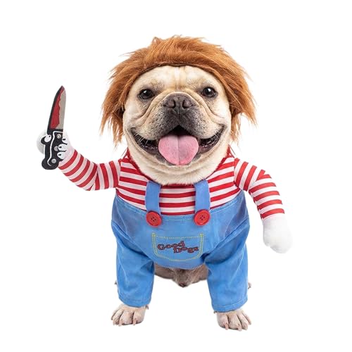 Deadly Doll Dog Costume for Small Medium Large Dogs Funny Pets Cosplay Halloween Dog Clothes for Party Walking Illusion Puppy Outfit with Wig and Knife