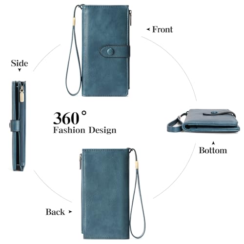 Image of GOIACII Womens Wallets Large Capacity Credit Card Holder RFID Blocking Leather Wallet Wristlet Ladies Clutch Purse Blue