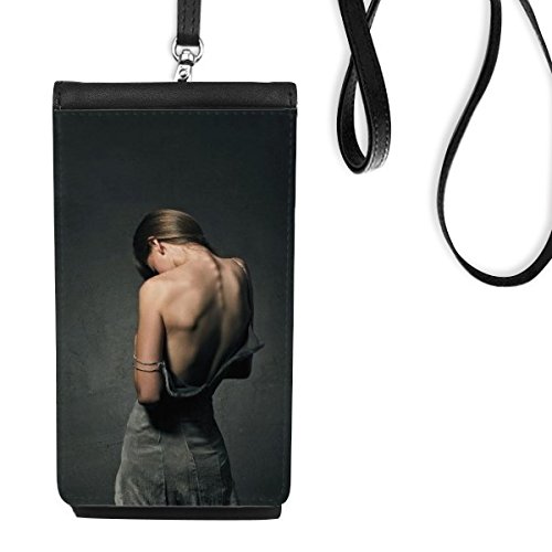 Bourse en cuir suspendu téléphone noir avec motif tresse élégant pour femme
