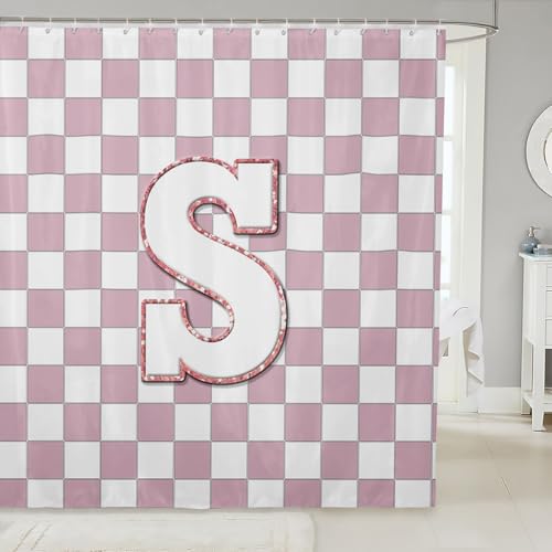 Image of Erosebridal Pink Initial S Bathroom Accessories Kawaii Plaid Checkered Shower Curtain Cute Personalized Monogram Bathroom Curtain for Kids Girls 72 inch Wx72 L Fashion Grids Gingham Shower Decor