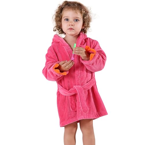 MICHLEY Girls Boys Robe Cotton Towel Baby Animal Dinosaur Style Hooded Bathrobe（Rose 1-3T）