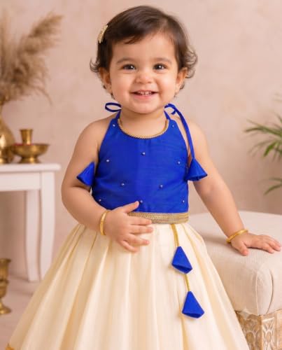 Image of Stanwells Kids Baby Girl Dress Cream Gold Pattu Pavadai Cotton Silk Lehenga Choli Kerala Kasavu South Indian Onam Festival Traditional Ethnic Wear