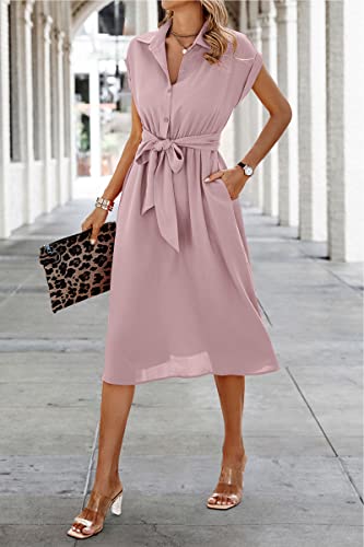 Image of ECOWISH Womens Casual Midi Dresses Solid V Neck Short Sleeve Button Shirt Belted Dress with Pockets for Spring Summer 2026