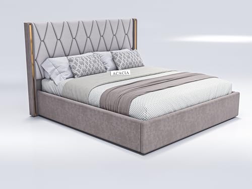 Image of Acacia Modern Upholstered Queen Size Bed with Hydraulic Storage for Bedroom | Wooden Double Beds for Home & Hotels | Platform Cot Bed with Upholstery Fabric, 6.5 x 5 Ft, Sheesham Wood, White-Brown