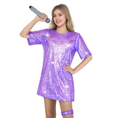 Gvnphal Womens Sparkly Sequin T-Shirt Dress Casual Short Sleeve Tie Backless Party Club Mini Dress with Fishnet Stockings L