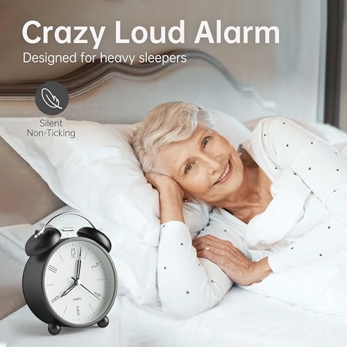 Image of Twin Bell Loud Alarm Analog Alarm Clock, 4 inch Super Silent Non Ticking Small Clock with Night Light, Battery Operated, Simple Design, Old Fashioned, for Heavy Sleeper, Bedroom, Bedside, Desk, Black