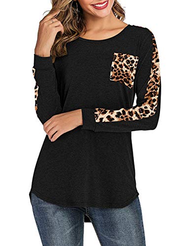 Omerker Women Fall Leopard Print Tops Long Sleeve T Shirt Cute Sweatshirts Blouse Tunic with Pocket (2XL, Black-OE)