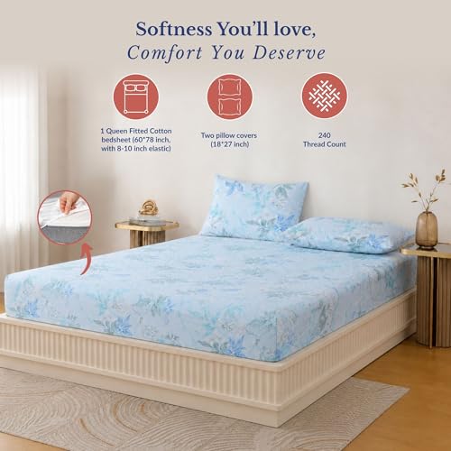 Image of Jaipur Weaves Queen Size Fitted Bedsheet Cotton with Elastic, 100% Pure Cotton Double Bed Fitted Sheet with 2 Pillow Covers, 240 TC, 60x78 Inches up to 8-inch Mattress, Floral Design - (Aqua Floral)