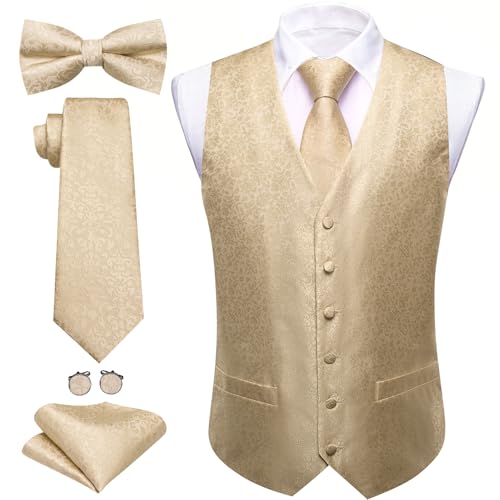 Barry.Wang Men's Suit Vest Tie Bowtie Set Formal Silk Paisley Waistcoat Hanky Cufflinks Lapel Pin Set Wedding Party 7PCS3