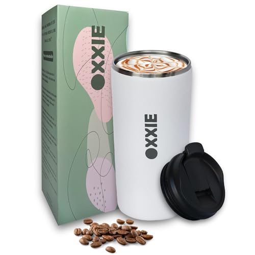 OXXIE Vaso Termo Cafe Para Llevar Pequeño | 350ml Taza Termica Cafe para Llevar Aislamiento de Doble Pared | Taza de Cafe de Acero Inoxidable | Vaso Termico Con Tapa Hermetico para Cafe (Blanco)