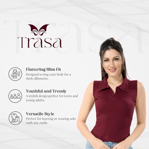 Image of TRASA Women's Sleeveless Rib Knitted Cotton Racer Back Tank Tops Collared Neck Crop Tank Tops - Available Sizes -XS, S, M,L,XL,2XL