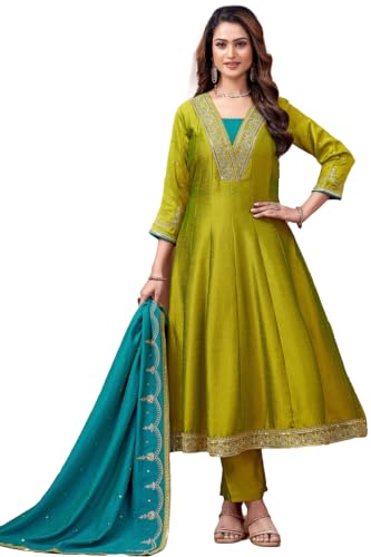 Vedant Vastram Women's Vichitra Silk Embroidery & Sequence Work Anarkali Kurta Pant Dupatta Set for Women (KN-1058-Green-L)