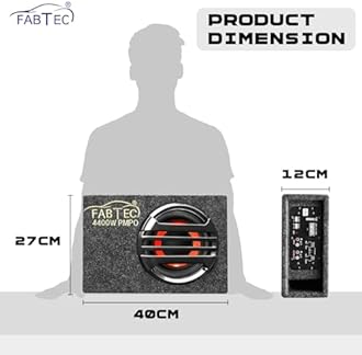 FABTEC 8 Inch Gray Under Seat Active Subwoofer Bass Tube for Cars (InBuilt Amplifier Wire Kit, 200 RMS)