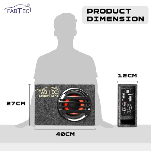 FABTEC 8" Active Under Seat Subwoofer for Cars Built-in Amplifier Compact Grey Bass Tube 200W RMS Power