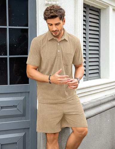 Image of ZAFUL Men's 2 Pieces Sets Outfits Summer Beach Set Short Sleeve Button Down Zip Up Shirt And Short Sets