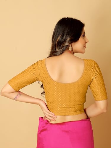 Image of Amazon Brand - Anarva Round Neck Dobby Cotton Lycra Stretchable Elbow Half Sleeve Readymade Saree Blouse for Women Stylish