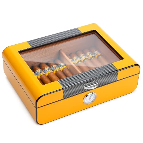 Bald Eagle Cigar Humidor, Glass Top Desktop Box with Humidifier Hygrometer, Painted Cedar Wood Case for 25-50 Cigars