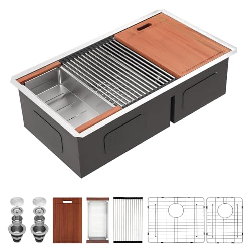 Sarlai 30 Undermount Kitchen Sink Double Bowl - 30x19 Inch Kitchen Sink Undermount Workstation16 Gauge Stainless Steel Deep Double Bowl 60/40 Low Divided Under Counter Sinks Basin