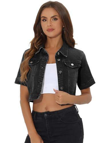 Allegra K Veste Jean Femme Rétro Blouson Denim Courte Boutonnage Col Revers & Taille Cintrée...