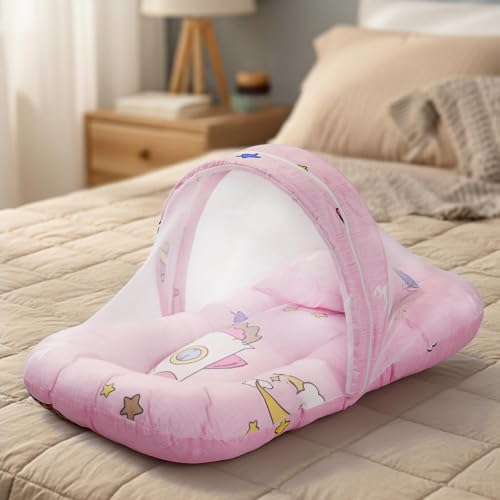 Image of BAYBEE 3 in 1 Baby Bedding Set with New Born Mosquito Net, Bed Mattress & Neck Pillow, Foldable Portable Nest Travel Bed, Baby Gift for Boy Girl (Lite Pink)