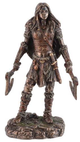 Veronese Viking Woman with Two Axes Made of Artificial Stone Bronzed and Coloured by Hand, Multicolor, LxBxH ca. 11x8x16 cm