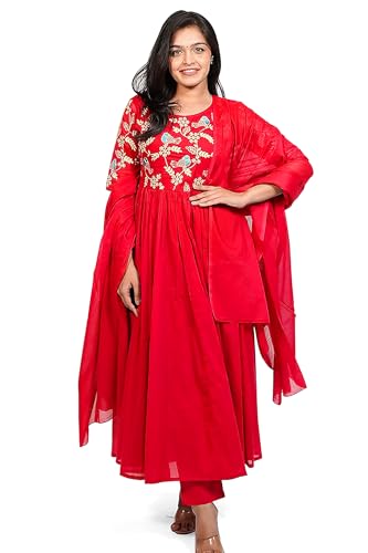 Jwalin Women's Cotton Blend Kurta Pant Set with Dupatta|Kurta Set|Ethnic Set | Ankle Length Kurta Set (JW.YGWSET00033-RED-XXL_Red_XXL)