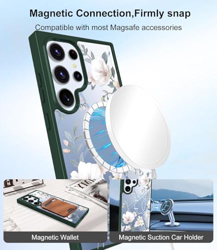 Image of VONZEE Compatible with Samsung Galaxy S25 Ultra 5G Case Luxury Retro Flowers Floral Clear for Magnetic Wireless Charging Case Shockproof Case PC+TPU Cute Glossy Shiny Cover for Girls Women, Green