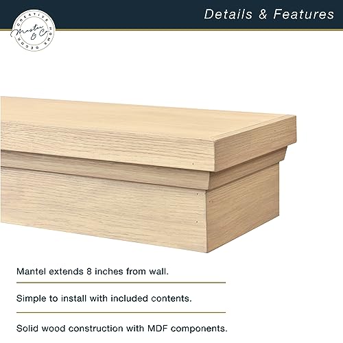 Image of MCS 60-Inch Mantel, Master & Co Natural Woodgrain Finish Solid Wood Floating Fireplace Mantel, Long Floating Shelf for Livingroom with Wood Cleat Hanging System, Photo and Home Decor Display Shelf