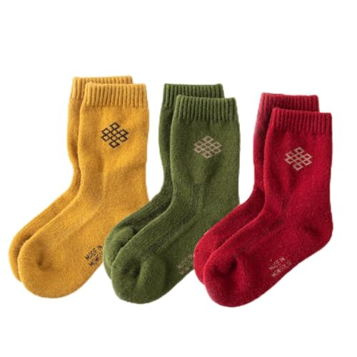 [NOOS] ノース 羊と暮らす靴下 クルー丈 モンゴル産 ウール ミドルソックス 3足セット (M, ブラウン・オリーブ・レッド)