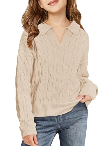 Image of Girls Sweaters Kids Fashion Cable Knit Collared V Neck Pullover Sweater Tops 5-14 Years Khaki