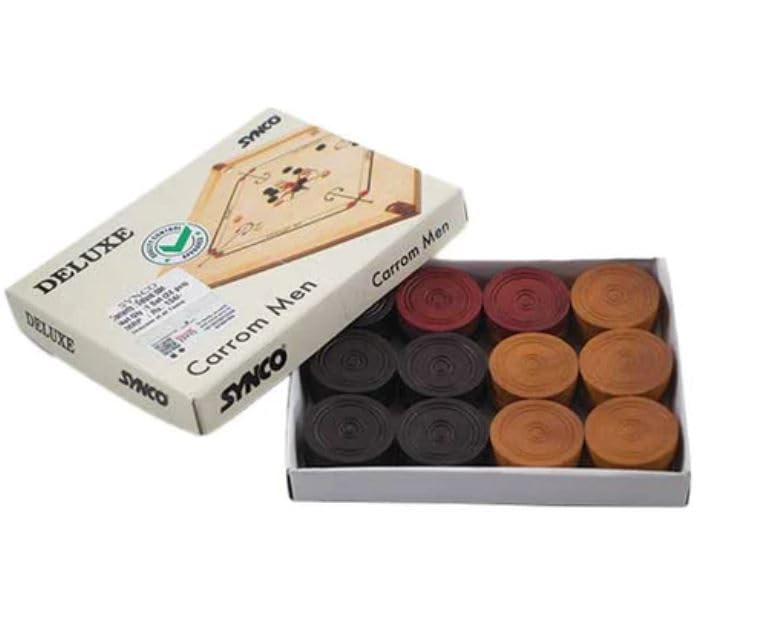 Synco Professional Wooden Carrom Coins Set | 24 Carrom Board Coins in Special Case (Delux)