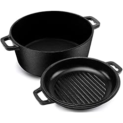 Cacerolas Flavor Stone Kichly 2 en 1 Olla De Hierro Fundido Pre-Sazonada Con Tapa Para Asar - Cocinar Al Horno, Freír, Asar, Guisar, Dorar Y Parrilla - Cocina De Interior Y Exterior