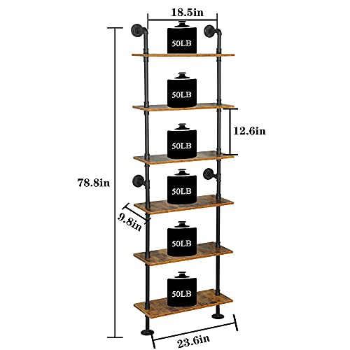 Eigramset Ziothum 6-Tier Industrial Pipe Shelves Shelf Shelving Rustic Wood Metal Wrought Iron Ladder Bookcase Bookshelf Wall Mounted Mount Diy Loft Vintage Floating Hanging Storage Display  thumb #2