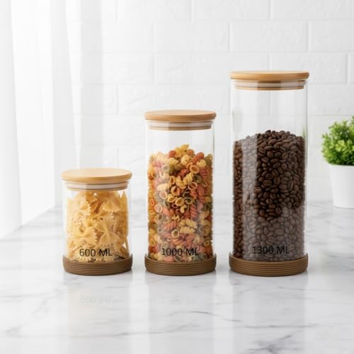 Image of Femora Borosilicate Glass Jars 1000ml Set of 2 | Wooden Airtight Lid | Silicon Base | BPA Free & Food Grade | Scratch Resistant | 1 Year Lid Warranty | For Cookies, Snacks, Spices | Transparent