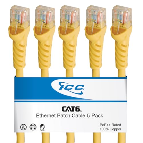 Image of ICC CAT6 Ethernet Patch Cord 10 FT 5-Pack, UTP 24 AWG UL Listed, PoE++, 100% Stranded Copper Snagless Patch Cable for Patch Panel to Network Switch for Data Center, Office, and Home, 10 Feet Yellow
