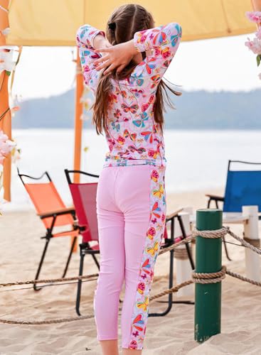 Image of Girls Two Piece Swimsuit Long Sleeve Floral Bathing Suit UPF 50+ Summer Beach Swimwear