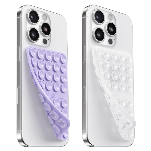 Image of 2PCS Silicone Suction Cup Phone Case Mount Double Sided, Hands-Free Phone Accessories Holder for Selfies and Videos, Silicon Sticky Phone Grip for iPhone and Android Transparent&Lavender