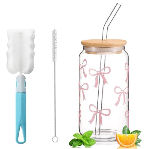 Exquilnova Vaso con pajita y tapa, taza de té de burbujas con pajita de cristal, café helado de 16 oz, vaso de matcha con diseño de arco, vasos de cola para café helado, cóctel (lazo rosa)
