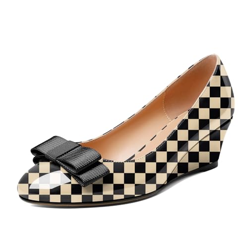 Esvowido Womens Heels Closed Round Toe Wedges Pumps Slip On Bows Low Heels Elegant Comfort Work Fashion Shoes Checkered-Beige US Size 8.5