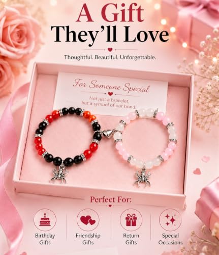 Image of Spider-Man Inspired Couple Bracelets 2pcs - Magnetic Attraction Heart Charm, Glass Beads, Spider Pendant, Marvel Theme Party Accessory, Valentine's Day Gift, Suitable for All Seasons