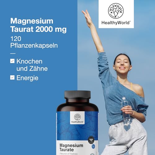 HealthyWorld® Magnesium Taurat 2000 mg - 120 Pflanzenkapseln - Magnesium + Taurin - Hoher Gehalt - Für Muskeln und Nervensystem - Gut verträglich