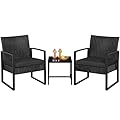 Yaheetech 3 Pieces Rattan Bistro Set, Indoor/Outdoor Wicker Patio Modern Conversation Furniture, 2 Chairs & Tempered Glass Coffee Table for Garden, Balcony, Backyard, Poolside, Black