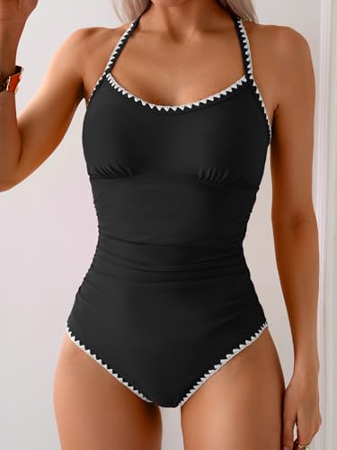 Eomenie Women's One Piece Swimsuit Tummy Control Slimming Bathing Suit Ruched Swimwear Tie Back Shell Stitch Swim Suit3