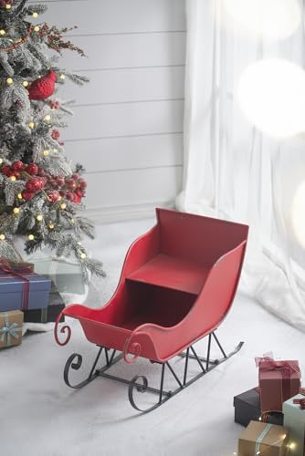 T2 Concept Red Vintage Christmas Santa Sleigh Sled Basket Distressed Red Iron Metal Cart for Xmas Gifts Winter Holiday Home Garden Patio Yard Decoration Display Indoor/Outdoor (Medium)