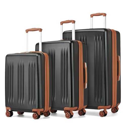 Image of Kono 3 Piece Expandable Luggage Set 20 /24 /28inch Suitcases for Long Travel | Lightweight PC+ABS hardshell suitcases set with TSA locks, 360 Silent spinner wheels, Expandable Design, Black & Brown