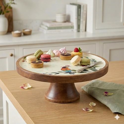 Image of SAAGA Begonia Round Printed Wooden Cake Stand | 9.75 x 4.75 Inch Mango Wood Cake & Pizza Display Stand | Decorative Dessert Platter for Dining Table, Parties & Celebrations