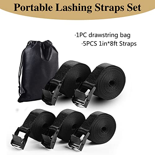 5Pack Cam Buckle Tie Down Straps, 1\" x 8 ft Heavy Duty Lashing Secure Strap Adjustable Black Pull Cinch Strap for Kayak, Cargo, Luggage, Bicycles,Truck, Car Roof Rack, Moving
