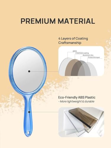 Image of Transparent Hand Mirror 1X /5X Magnification - 5‑inch Round Acrylic Mirror with Handle & Hanging Hole - Lightweight Portable Makeup & Grooming Tool (Blue Small)