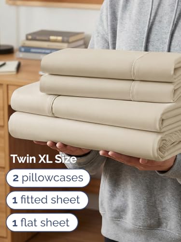 Image of Extra Deep Twin XL Sheet Set - 4 Piece Breathable & Cooling Sheets - Wheat | Hotel Luxury Bed Sheets Set, Easy & Secure Fit, Ultra-Soft, Wrinkle & Fade Free, Comfy Sheets Set with Extra Deep Pockets