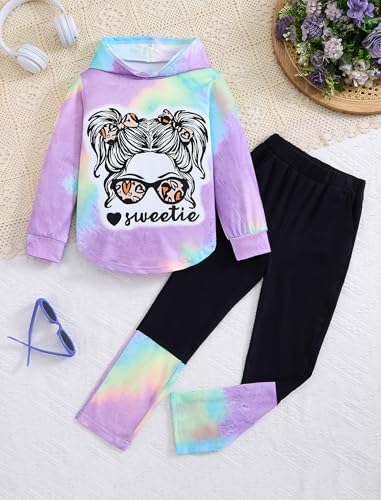 Image of Girls Clothes Cool Girl Print Tie Dye Hoodie Pullover Sweatshirts Leggings Teen Girl Clothes 6-14 Years